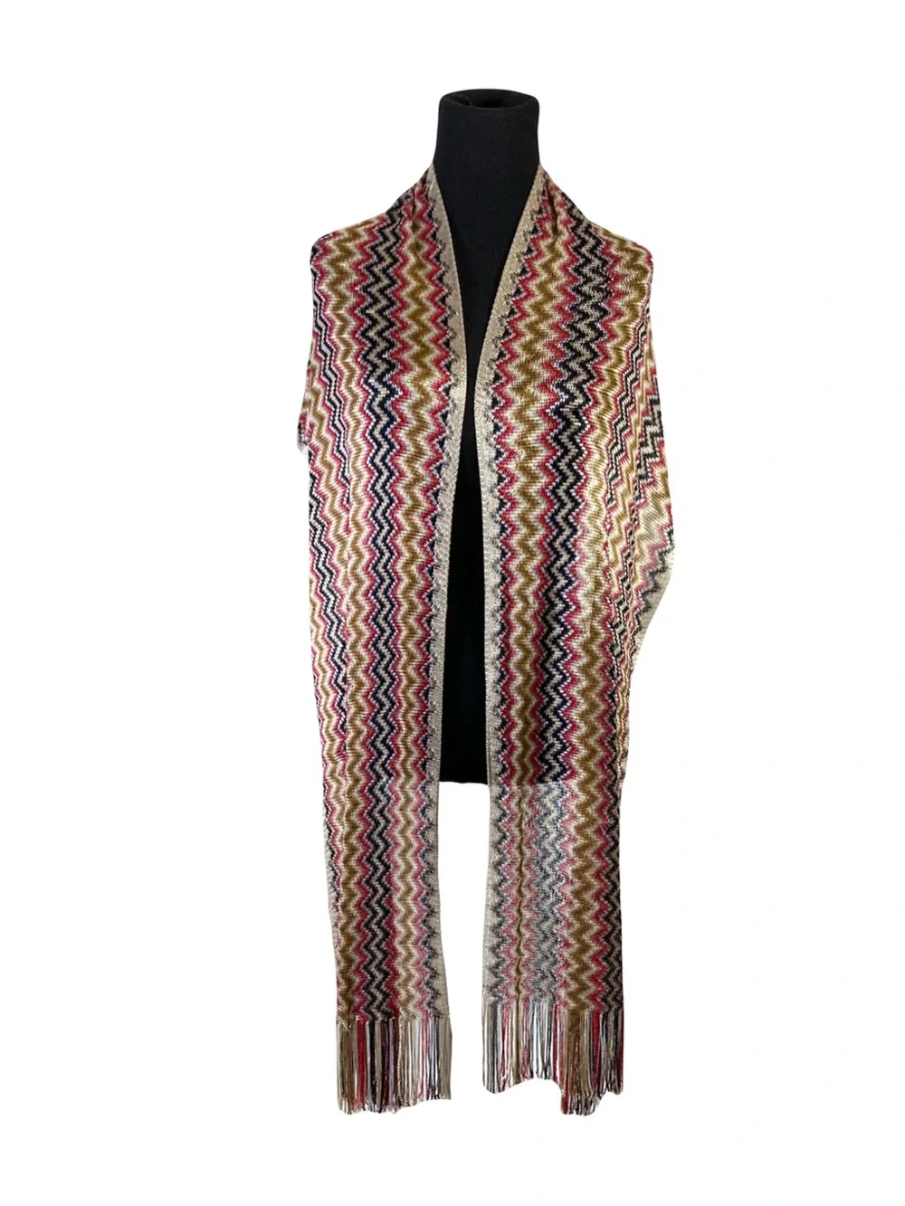 MISSONI Scarf 14.4”x81” ITALY Chevron ZigZag Fringe Knit Multicolor